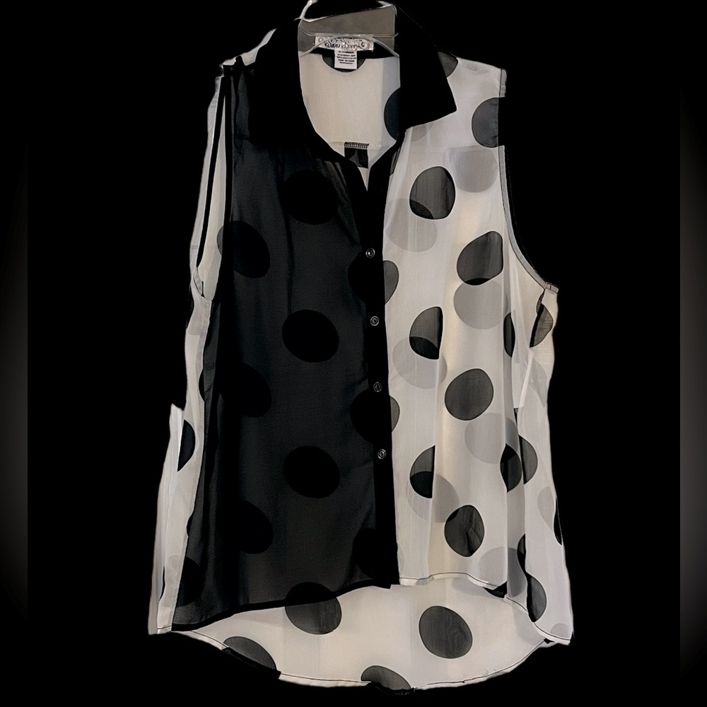 Sans Souci Polka Dot Black & White Sheer Sleeveless  Top Blouse size XL